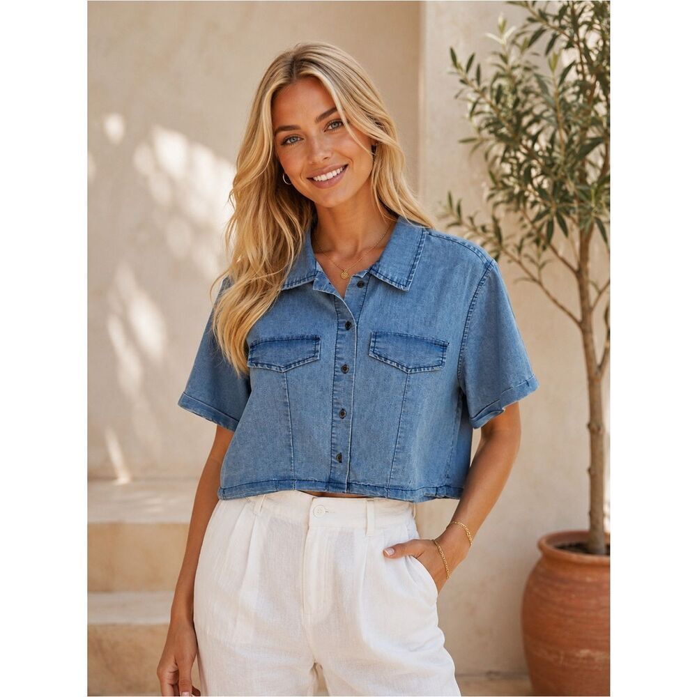 indulge Denim Blue Cropped Button-Up Shirt